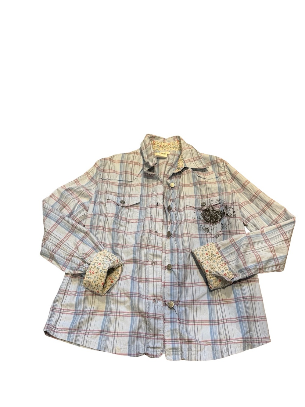 Y2K flowers Plaid Button-Front Shirt with Floral Cuff Detail - Light Blue